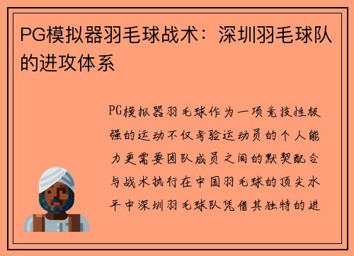 PG模拟器羽毛球战术：深圳羽毛球队的进攻体系